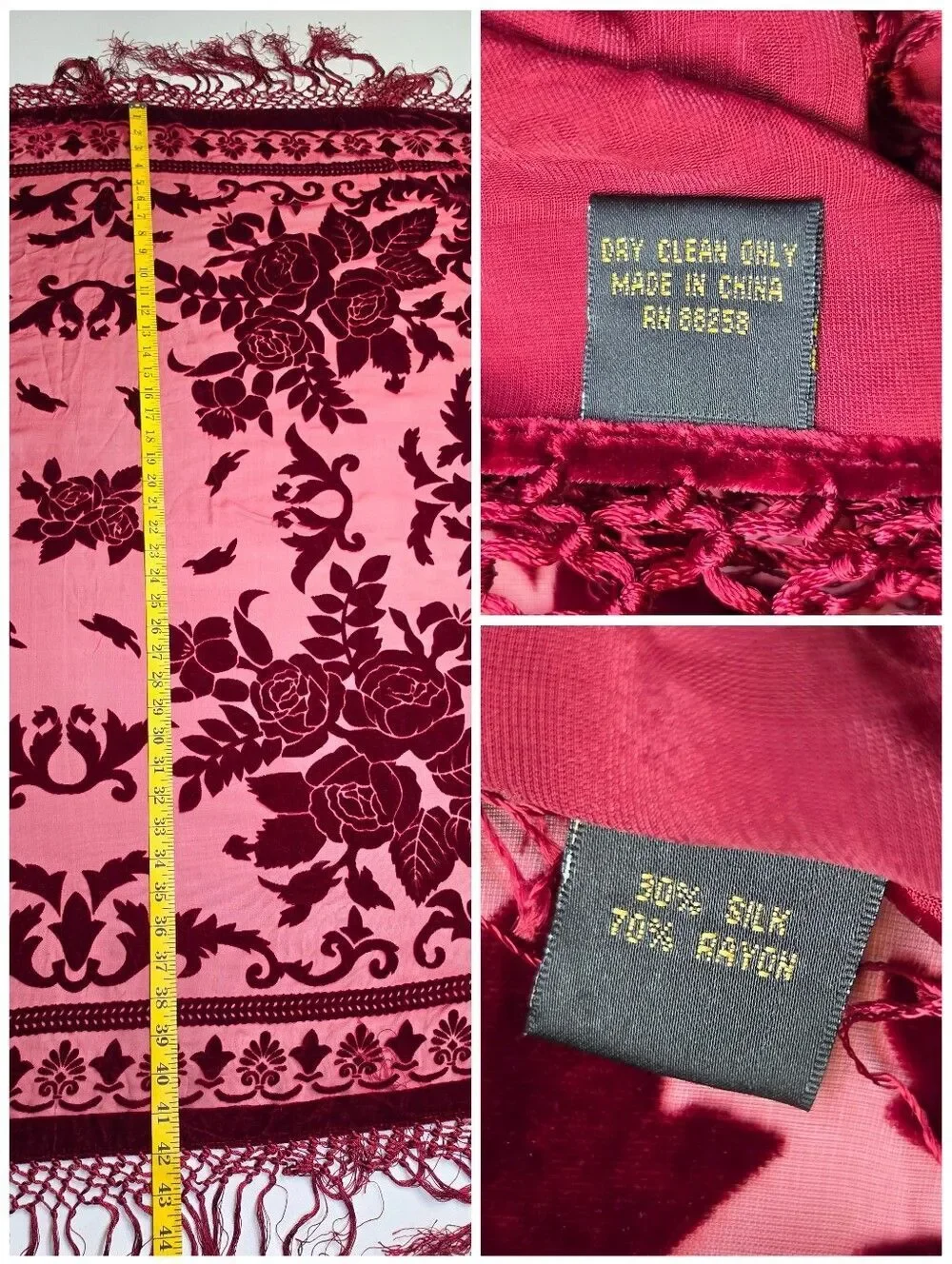 Silk Blend Velvet Burnout Floral Fringe Shawl Scarf Deep Burgundy Red Square
